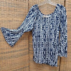 Urban Mangoz XL Blouse Navy White Southwest Design Bell Sleeve